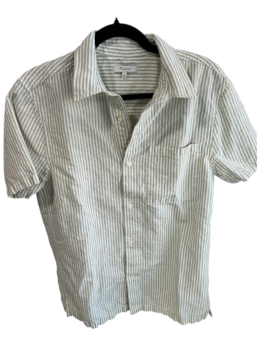 Madewell Button Up Short Sleeve Olive Striped Linen Cotton Blend Size Small